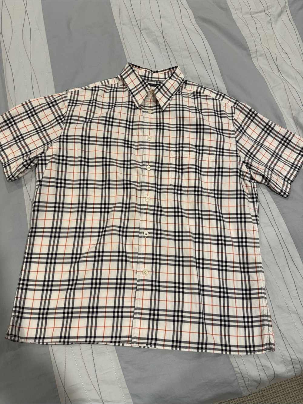 Burberry Beige Short-Sleeve Plaid Button-Down Shirt with Black and Orange Trim